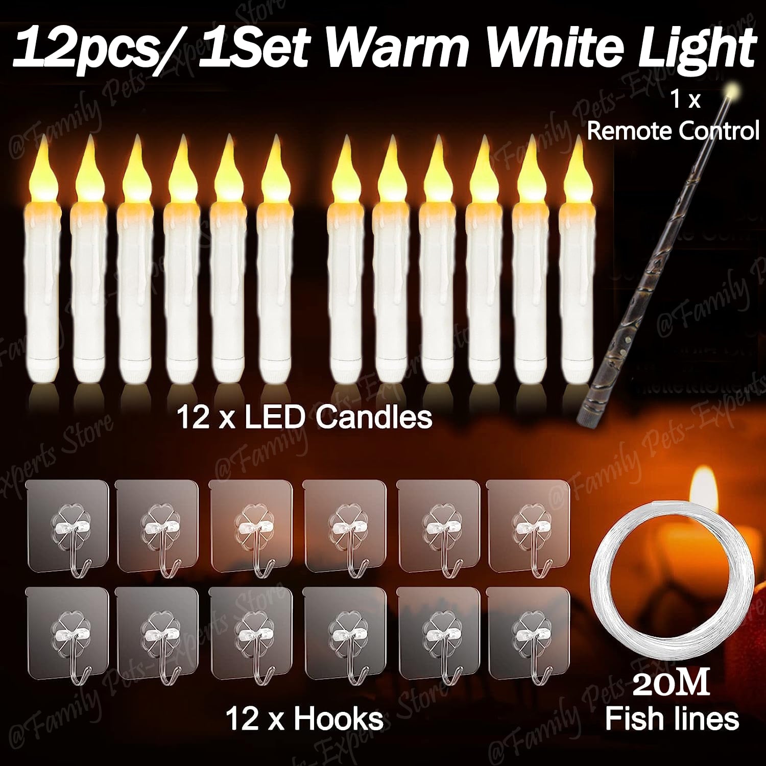 12 Pcs Christmas Hanging Floating Candles with Magic Wand Remote White  Flicke